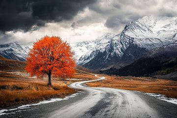 Herfstboom in berglandschap van Poster Art Shop