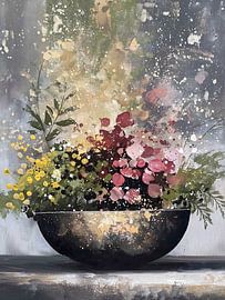 Vibrant Floral Abstraction in a Golden Bowl by Adriana