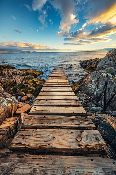 Wooden pier at sunset with dramatic clouds by Art & Soul Creations