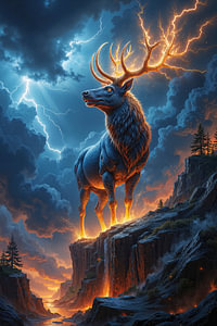 Fantasy Art Wandbild: THORVAYR – Der gewaltige Hirsch als Herr der Blitze