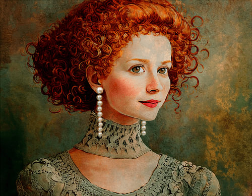 Portrait classique d'une femme aux boucles rousses et aux perles