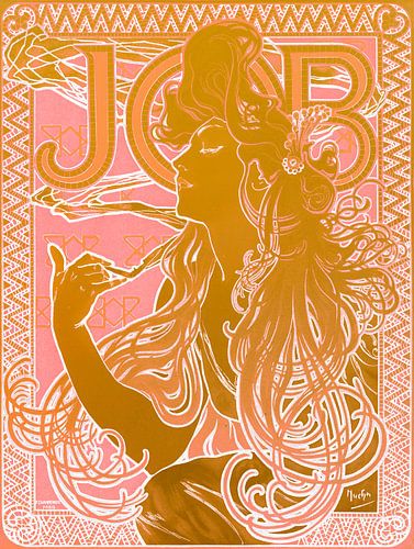 Vintage schilderij van een jonge vrouw in art nouveau stijl in roze en okergoud