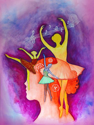 Ballerina's in de wolken in aquarel