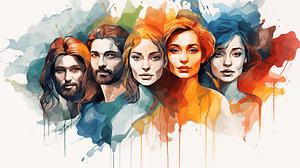 Abstrakte Gruppe von Menschen, weißer Hintergrund mit Spritzer-Kunst Design