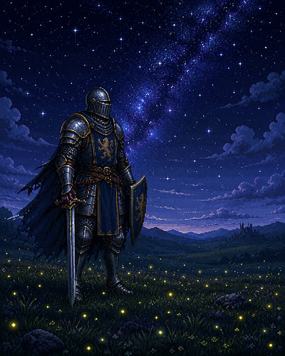 Un chevalier en pixel art sous une Voie lactée scintillante