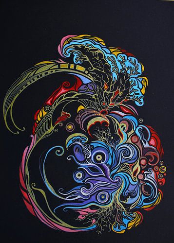 Oosterse fractal kleurexplosie op zwart 