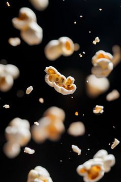 Flying popcorn kernels against a dark background by Poster Art Shop