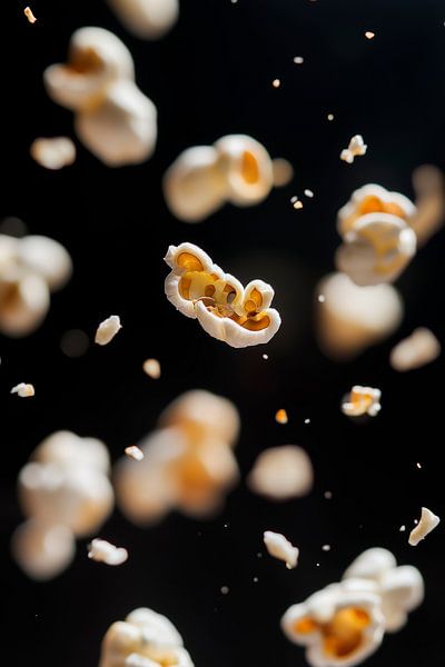 Fliegende Popcornkörner vor dunklem Hintergrund von Poster Art Shop
