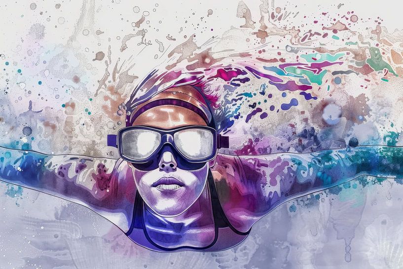 Abstraktes Bild einer Schwimmerin, Aquarell von Peter Pen Zeichnungen und Gemälde