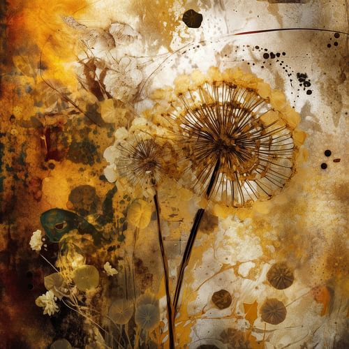 Das Flüstern des Windes: Rustikale Löwenzahnträume in abstrakter Collage