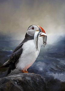 Papageientaucher mit Fische-Malerei
