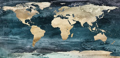 Wereldkaart - oceaanblauw en zandkleurig