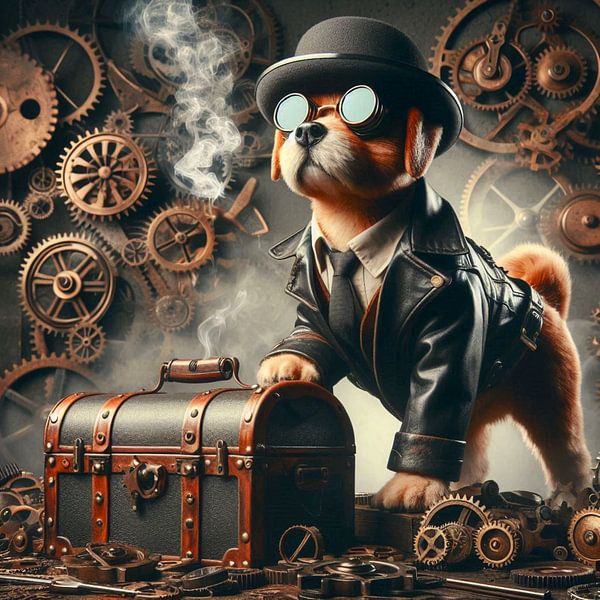 Hund mit Lederjacke und Schatztruhe von Bernhard Karssies