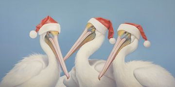 Trois pélicans portant des chapeaux de Père Noël sur Whale & Sons
