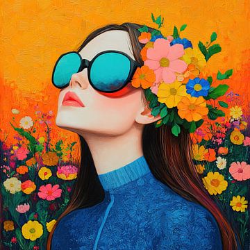 Sonnenbrille Blumen | Frau Orange Blumen von Blickfänger Gemälde