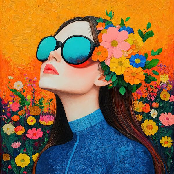 Sunglasses Flowers | Woman Orange Flowers by Eye catching paintings
