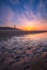Der Leuchtturm von Texel bei Sonnenuntergang.