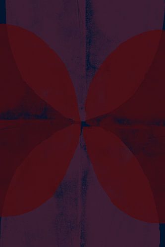 Abstracte vormen in dieprood, violet en blauw.