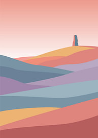 Colorful layered rolling hills with lone standing stone under pink sky by Adam Khabibi