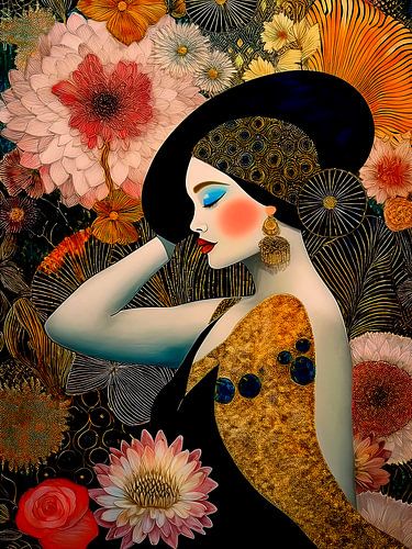 Atmosphärisches Porträt einer Frau mit Hut und Blumen