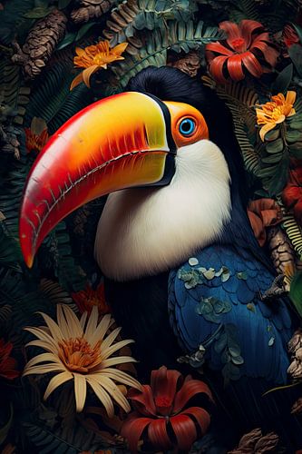 Tucan omringt door bloemen