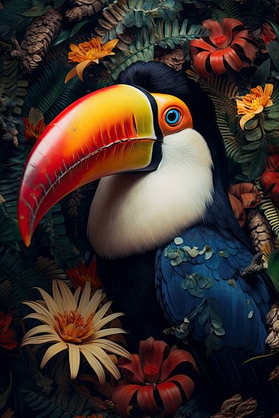 Tucan entouré de fleurs par Digitale Schilderijen