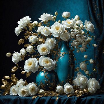 Stilleven van witte bloemen in turquoise vazen van Jan Bouma