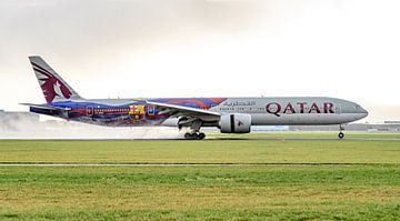 Qatar Airways Boeing 777-300 with FC Barcelona livery. by Jaap van den Berg