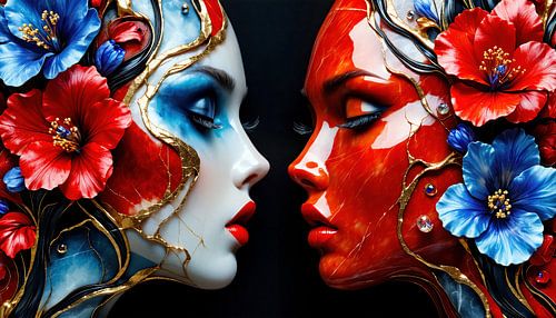 Twee gezichten van een vrouw als marmeren sculpturen - een stille tegenhanger in wit en rood, omlijst door hibiscusbloesems, afgewisseld met gouden aderen en fonkelende edelstenen