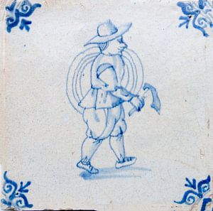 Original antike blau-weiße Delfter Fliese aus dem 17. Jahrhundert mit der Darstellung eines Bauern