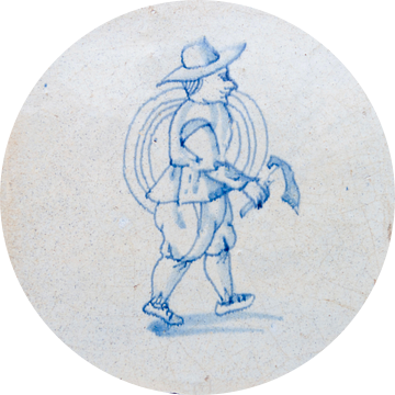 Originele antieke 17e-eeuwse Delfts blauw-witte tegel met afbeelding van  boer