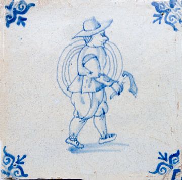Original antique 17th-century Delft blue and white tile depicting farmer by Patricia Hofmeester