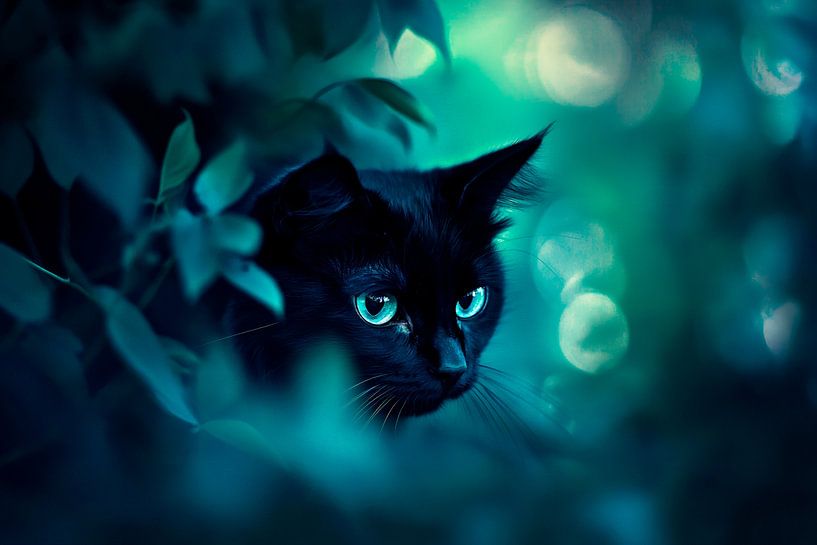 Black cat in dense greenery by Poster Art Shop