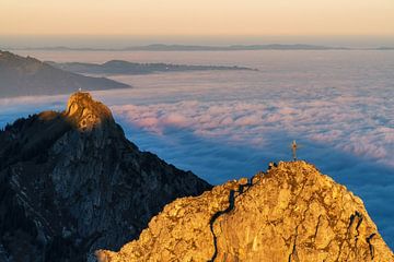 Bergtop Branderschrofen en Säuling bij zonsopgang boven de wolken van Daniel Pahmeier