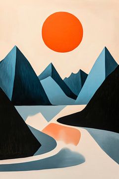 Berglandschap met oranjekleurige zonnebol van Poster Art Shop