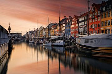 sunset at Nyhavn, a beautiful harbour in the centre of Copenhagen