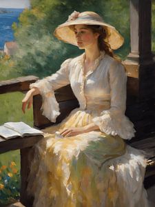 Een impressionistisch schilderij van een vrouw in gedachten. van Jolique Arte