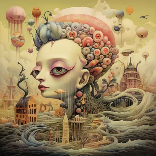 Strange fairytale illustration with unusual bizarre creatures