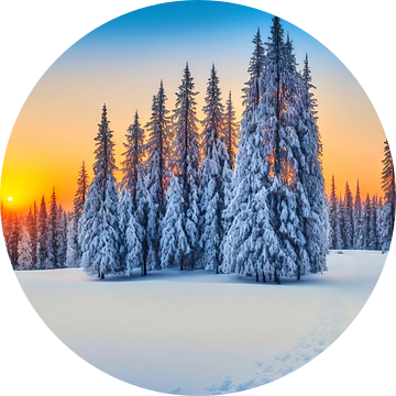 Winterlandschap - Rode zon achter bomen van Frank Heinz
