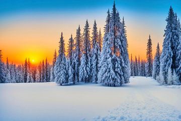 Paysage d'hiver - Soleil rouge derrière les arbres sur Frank Heinz