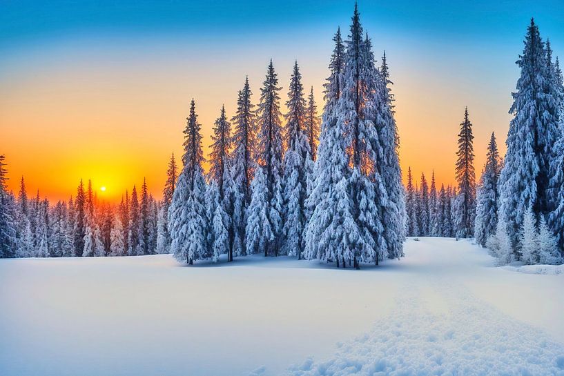 Paysage d'hiver - Soleil rouge derrière les arbres par Frank Heinz