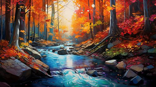 Herfstbos in veel felle kleuren met beekje, kunstontwerp