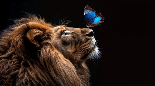 Leeuw met een blauwe vlinder
