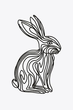 Dessin au trait d'un lapin minimaliste en noir et blanc sur De Muurdecoratie