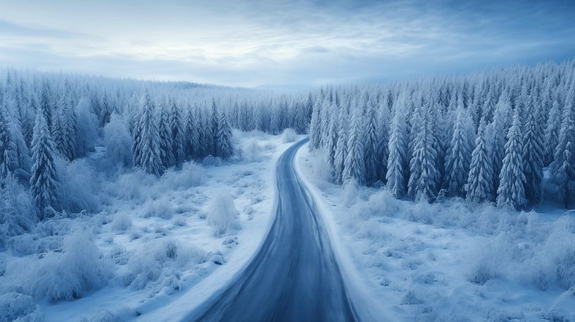 Winterlandschaft in den Bergen mit einer verschneiten Straße, Luftaufnahme von Animaflora PicsStock