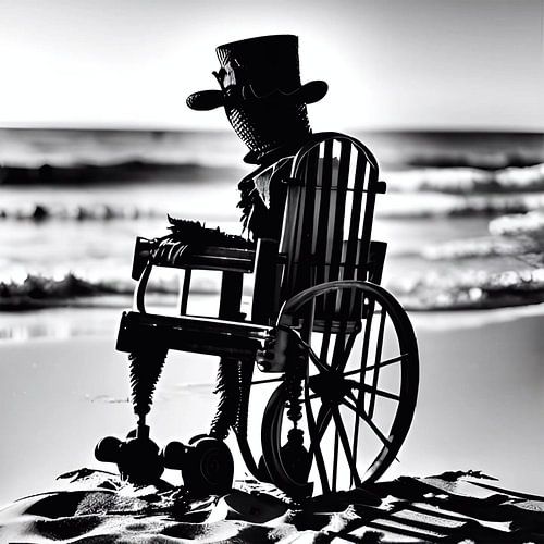 Bird terrifier in a wheelchair on the beach