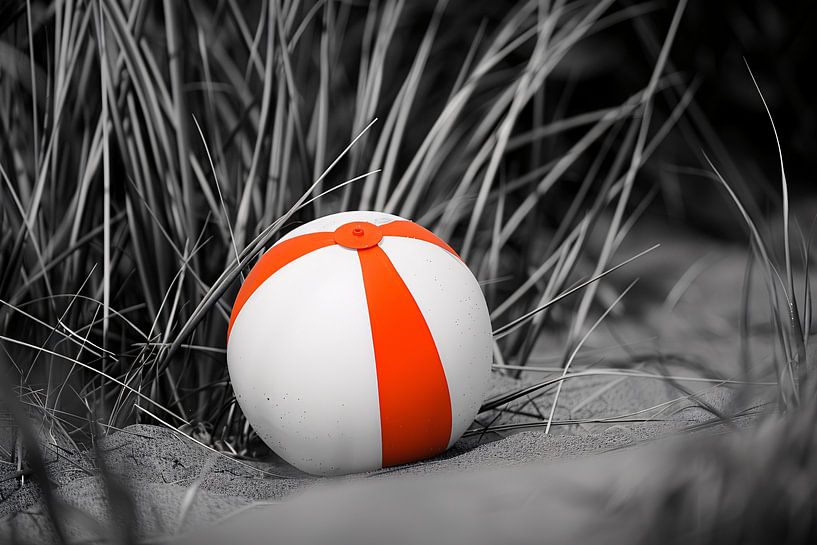 Minimalist beach ball on the sand by Art & Soul Creations