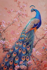 Pfau zwischen rosa Blumen
