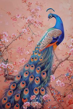 Peacock among pink flowers by Thea