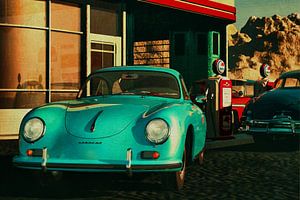 Porsche 356 in einer alten Tankstelle mit zwei amerikanischen Oldtimern